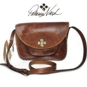 Patricia Nash NWT Beaumont aged Leather Flap Crossbody Bag deep brown cognac
